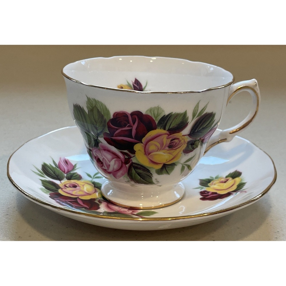 Vintage 1966 Royal Vale Bone China 8315 Tea Cup & Saucer Red Pink Yellow Roses